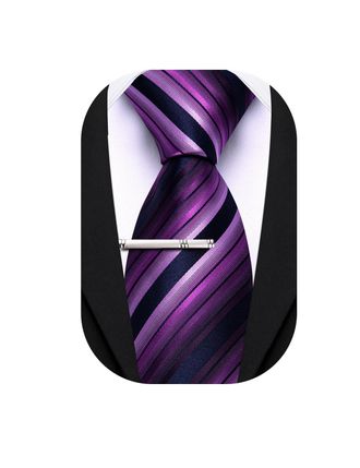 Barry.Wang Silk Men Ties Formal Stripes Necktie and Tie Clip for Wedding Party Business Fashion Classic, Rpyal Purple, One Size