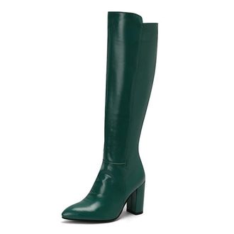 Generic Womens Soild Color Zip Up Knee High Riding Boots Pointed Toe Chunky High Heel Dressy Pumps Shoes for Winter (Green,7.5)