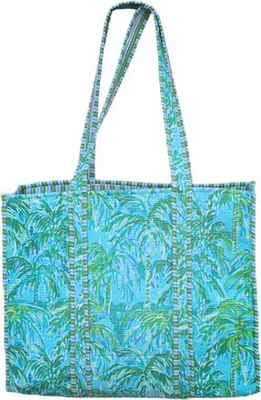 Generic Quilted Tote Bag for Women, Lightweight Fabric Shoulder Bag with Tropical Palm Print, Reusable Shopping & Beach Bag, Large Capacity Everyday Carry