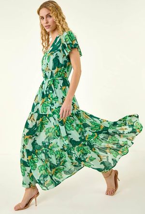 Roman Floral Tiered Tie Waist Dress