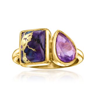 Ross-Simons Purple Turquoise and Amethyst Toi Et Moi Ring in 18kt Gold Over Sterling