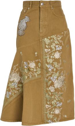 Erdem Floral-embroidered Denim Midi Dress - Camel - 12 (UK12 / M)