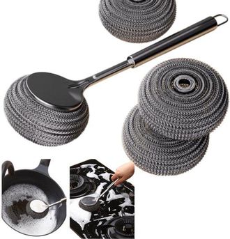 OEM Juego De 4 Cepillos De Limpieza De Lana De Acero Con Mango, Resistente A Ara&ntilde;azos, Duradero Y F&aacute;cil De Limpiar, 9926 Cm, Plateado