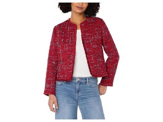 Liverpool L.A. Collarless Woven Boucle Jacket With Frayed Edges Womens Jacket Red Boucle : LG, Polyester/Wool