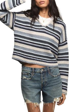 Lucky Brand Baja Stripe Crochet Hoodie in Cadet Navy at Nordstrom, Size X-Small