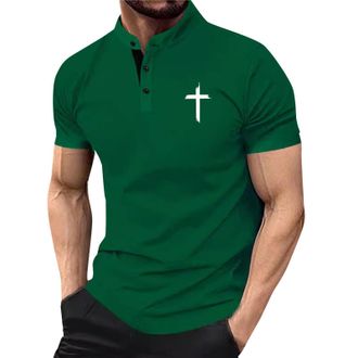 Generic Henley Shirts for Men Short Sleeve Christian Cross Shirt Button Down T-Shirts Stand Collar Tops Casual Tees Blouse Camisa para Hombres(Green, XXL)