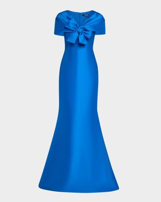 Badgley Mischka Bow-Front Shawl Trumpet Gown