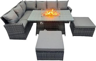 Fimous Poly Rattan Outdoor Patio Gas Firpit Dining Table Corner Sofa Set with 2 Big Stools for Garden Backyard Dark Grey Mixed - Fimous
