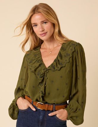 Nobody's Child Green Embroidered Ruffle Collar Long Sleeve Blouse