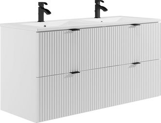 Vente-Unique Mueble de ba&ntilde;o suspendido estriado con lavabo encastrado - Blanco mate - 120 cm - ZEVINI