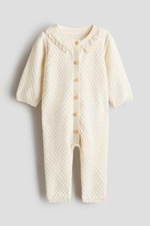 H&M Textured-knit Cotton Romper Suit in Cream at Nordstrom, Size Newborn