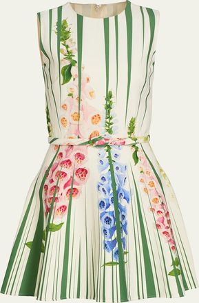 Oscar De La Renta Sleeveless Pleated Tromp LOeil Foxgloves Mini Dress With Belt