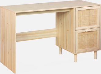 Sweeek Escritorio Efecto Ca&ntilde;a Y Madera Con 2 Cajones
