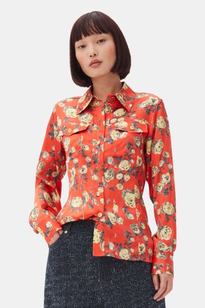 Ganni Orange Floral Printed Satin Shirt in Poinciana Size 10 Spandex/Viscose Womens