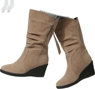 Generic Womens Slouchy Mid-Calf Boots, Soft Slip-On Boots in A Suede Look with A Comfortable Wedge Heel, Warm Winter Boots with A Round Toe for Everyday Wear 