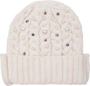 Saachi Faux Pearl Embellished Cable Knit Beanie in Ivory at Nordstrom Rack