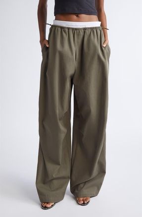 Alexander Wang Logo Elastic Cotton Twill Wide Leg Pants in Army Green at Nordstrom, Size X-Large