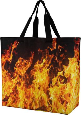 Generic Big Fire Flames on Black Reusable Grocery Bag Large Capacity Foldable Shopping Tote with Inner Pocket