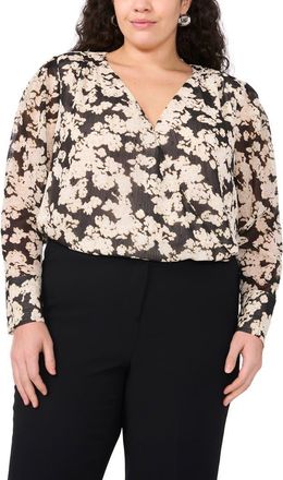 Vince Camuto Bead Detail Floral Wrap Front Chiffon Top in Rich Black at Nordstrom Rack, Size 3X