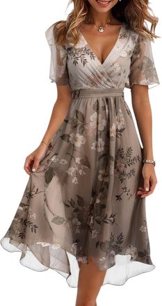 Generic Dresses for Women Summer Print V-Neck Empire Waist Chiffon A-Line Dress Belted Elegant Flowy Dresses (Ae Light Brown,M)