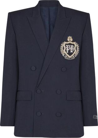 Balmain Wollen blazer met kristal patch - Heren - Blazers - Blauw - S - Wol - Jassen