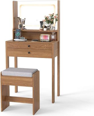 Costway Small Makeup Table Vanity Desk with Mirror & Lights-Natural
