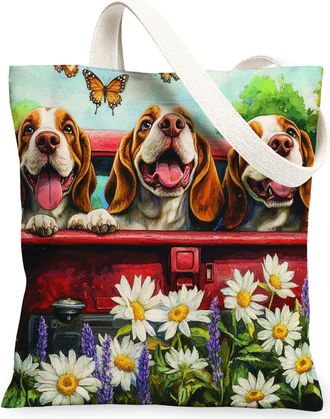 Generic Spring Pitbull Dog Canvas Tote Bag for Shopping 13x15, Truck Garden Daisy Scenic Puppy Reusable Grocery Print Bag for Women, Pet Beach Aesthetic Paint