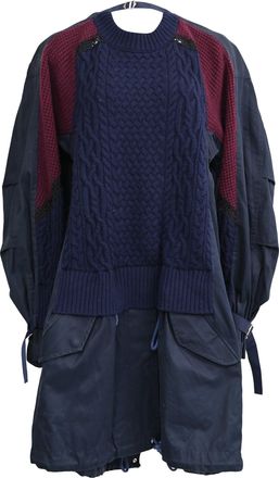 sacai Cable-Knit Layered Effect Mini Dress in Navy Blue Wool