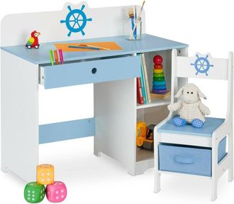 Relaxdays Scrivania e Sedia per Bambini, con Cassetto e 2 Ripiani Aperti, in mdf, Motivo Timone della Nave, Bianco Blu - Relaxdays