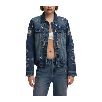 Desigual Denim Jackets, female, Blue, L, Rhinestone Embellished Round Neck Blazer