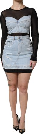 Dolce & Gabbana Womens Black Blue Long Sleeves Denim Mini Dress And Nylon Cotton Elastane