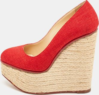 Charlotte Olympia Red Canvas Carmen Espadrille Platform Wedge Pumps