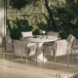 Sklum Set De Mesa Redonda &Oslash;120 Cm En Cemento Eloria Y 6 Sillas De Jard&iacute;n Con Reposabrazos Tapizadas Y En Acero Zunika Sklum
