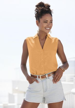 Lascana Blusentop aus softer Webware mit Leinenanteil, Damenbluse mit Hemdblusenkragen