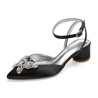 Generic Wedding Shoes Womens Bridal Pointed Toe Chunky Block Heel Ankle Strap Low Heels Slingback Heeled Sandals 4.5Cm,Black,7 UK