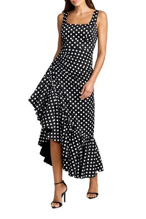 Mac Duggal Sleeveless Polka Dot Midi Dress with Ruffled Hem in Black Ivory at Nordstrom, Size 10