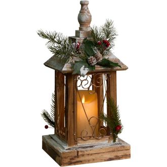 Beliani Decoraci&oacute;n De Navidad Led De Madera De Abeto Hecho A Mano Linterna Vela Marr&oacute;n Oscuro Saima