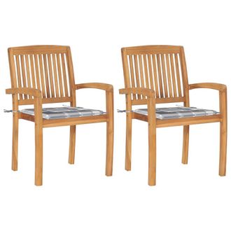 vidaXL Sillas De Jard&iacute;n 2 Uds Madera De Teca Y Cojines A Cuadros Gris Vidaxl