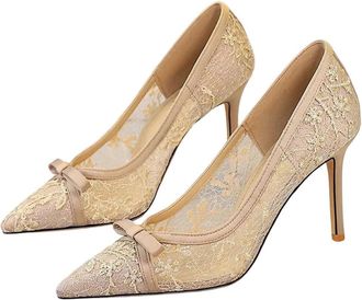Generic Women Pointed Toe High Heel Pumps Mesh Crystal Butterfly Knot Wedding Party Dress Shoes Apricot