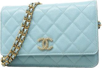 Chanel Light Blue Grained Calfskin Chain/Shoulder Wallet (Pre-Owned)
