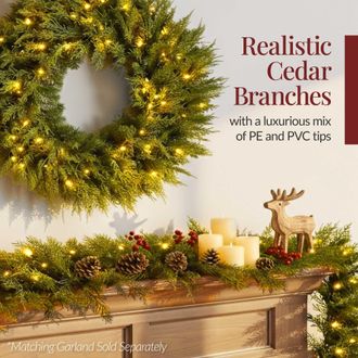 Best Choice Products Pre-Lit Cedar Cypress Christmas Wreath w/ Twinkling LEDs, Realistic Large Indoor/Outdoor Holiday Decor, Plug-In