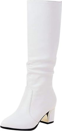 Generic Womens Wide Calf Knee High Boots, Square Toe Chunky Heel Knee High Boots For Women - Wide Calf Leather Block Heel, Stylish Knight Booties For Ladies W