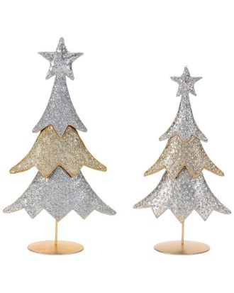 Melrose International Set Of 2 Jeweled Metal Christmas Tree