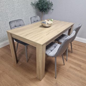 Kosy Koala Oak Effect Dining Table Set With 4 Grey Velvet Chairs Dining Room Furniture in Brown