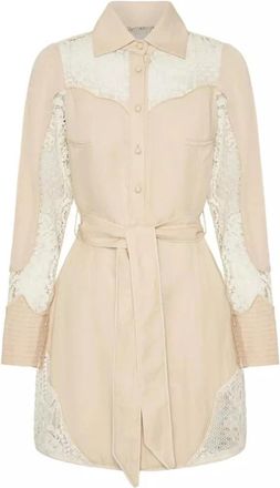IXIAH Beige Lacebound Mini Jurk - Dames - Shirt Kleedjes - Beige - 2XS - Leer - Kleedjes