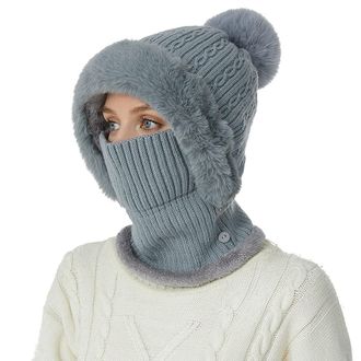 Generic Beanie Hats for Women Winter 3 in 1 Bobble Hat and Scarf Set Fleece Ladies Balaclava Knitted Snood Thermal Ski Mask Neck Warmer Blue