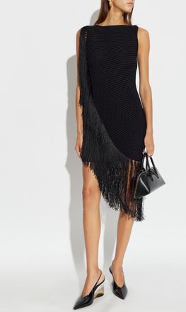 Alaia Asymmetrical Dress With Fringes, Womens, Black
