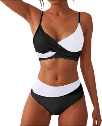 Generic High Waisted Bikini Set Tummy Control Womens Sexy Bikini Sets Halter Neck Padded Bikini Push Up V-Neck Colour-Blocked High Waist Front Cross Halternec