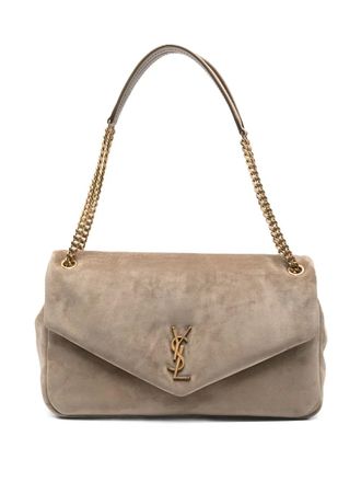 Saint Laurent large Calypso logo-plaque suede shoulder bag - women - Calf Suede/Fabric/Brass - OS - Neutrals