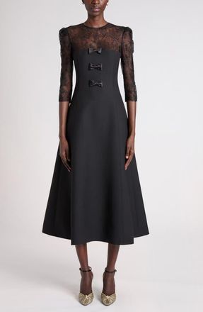 Valentino Garavani Bow Detail Lace & Crepe Midi Dress in Black at Nordstrom, Size 40
